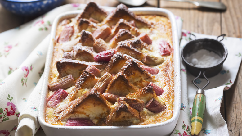 Bread pudding in pan on counter 