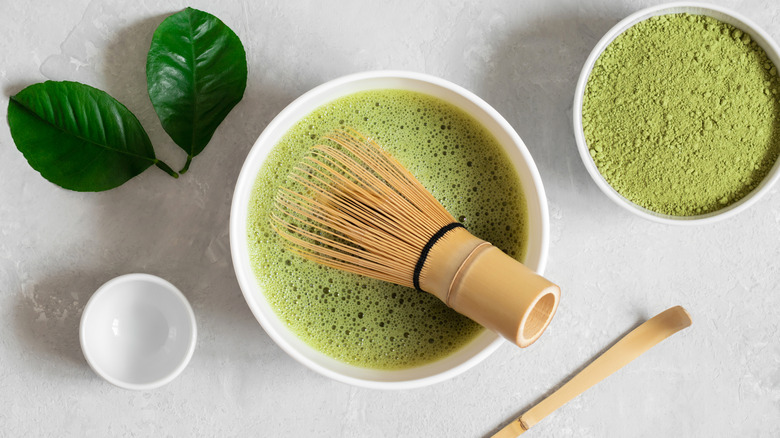 Whisk in bowl of frothy matcha