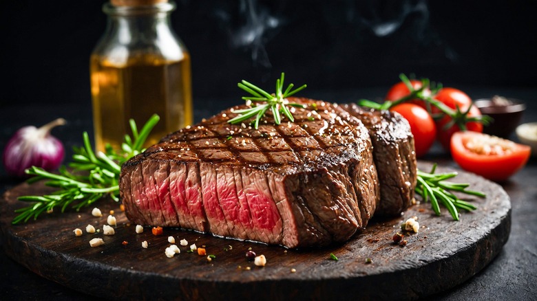 Seared Steak on Rustic Wood Plate