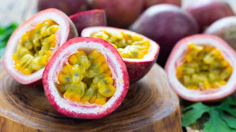 A collection of sliced passionfruit