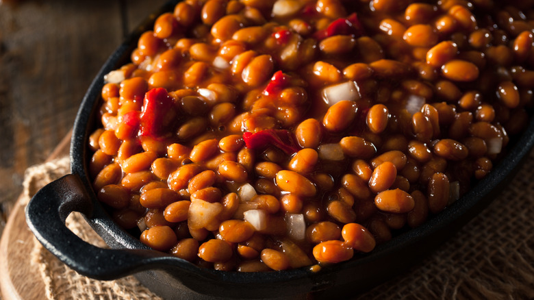 Baked beans in cast iron dish