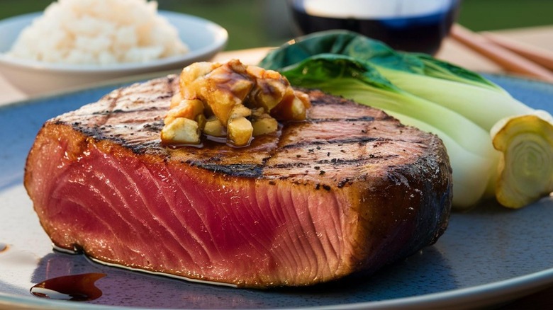 Rare tuna steaks served with corn and bok choy