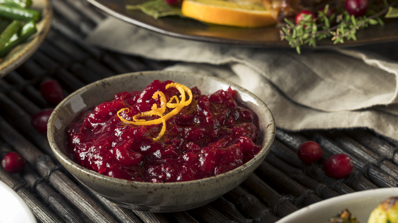 bowl of cranberry sauce on table