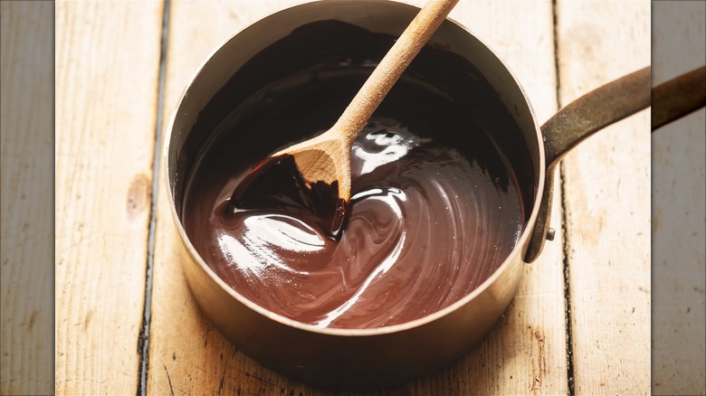 Chocolate ganache in a sauce pan