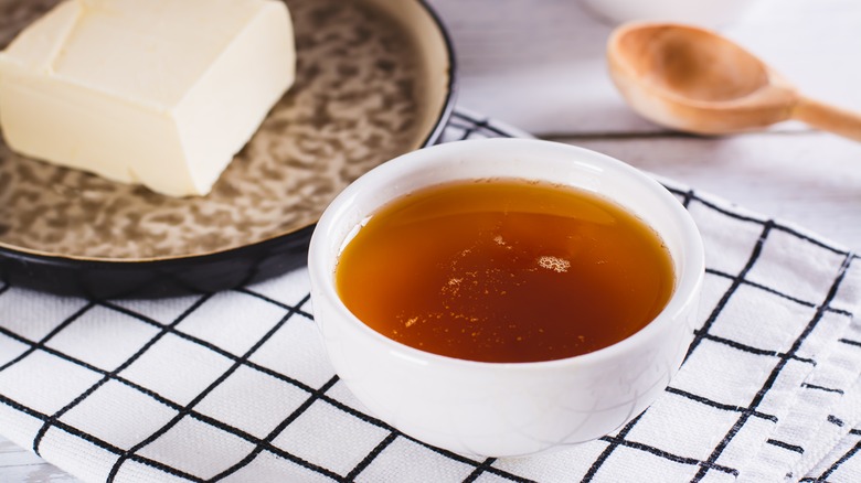 Brown butter in white bowl