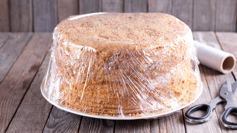 Coffee cake wrapped in plastic wrap