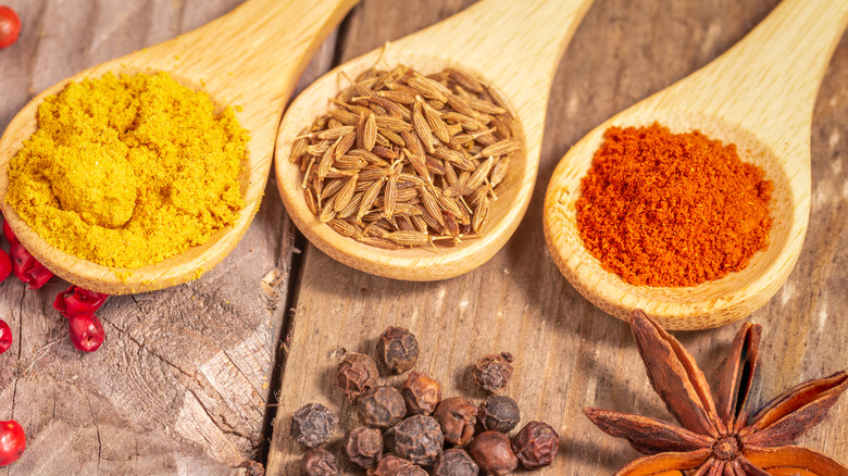 Wooden spoons with ground spices