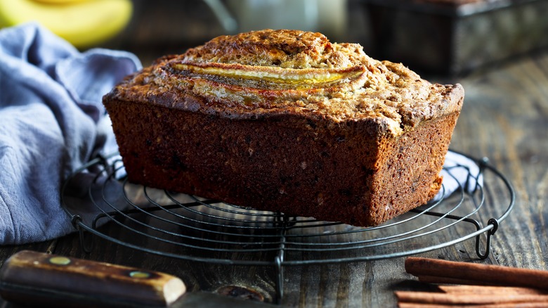 Homemade banana bread cooling on rack