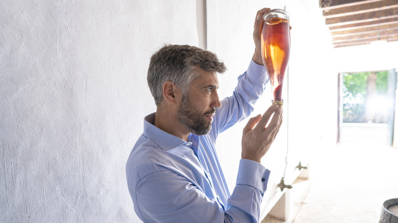 Person inspecting wine bottle 