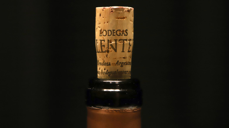 Closeup of cork in wine bottle