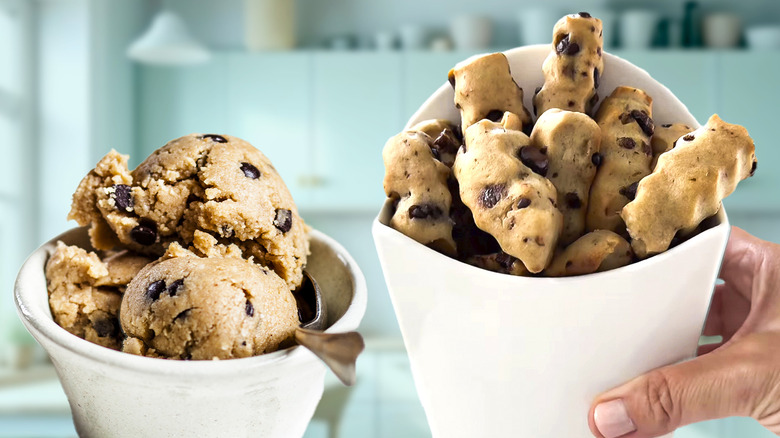 cookie dough in bowl and cookie dough fries