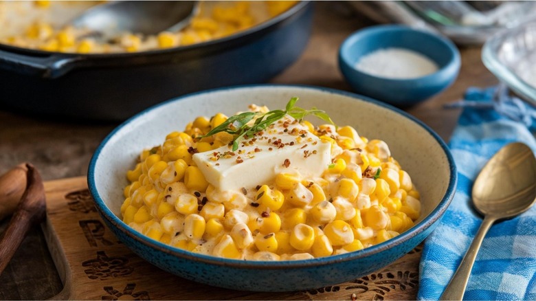 dish of creamed corn topped with butter