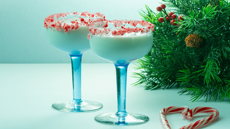 Two peppermint martinis with pine branches