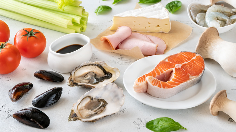 seafood and vegetables on table