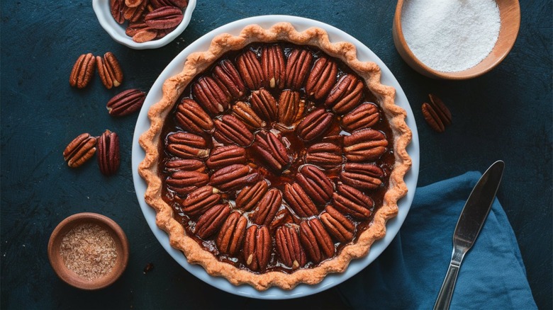 whole pecan pie top view