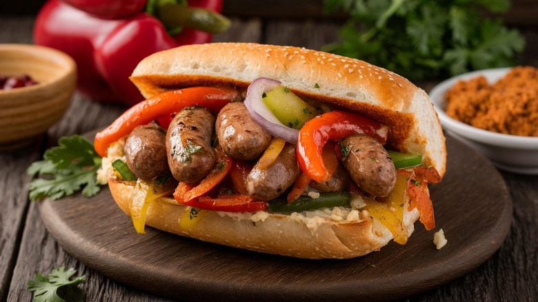 Italian sausage sandwich with bell peppers and onions