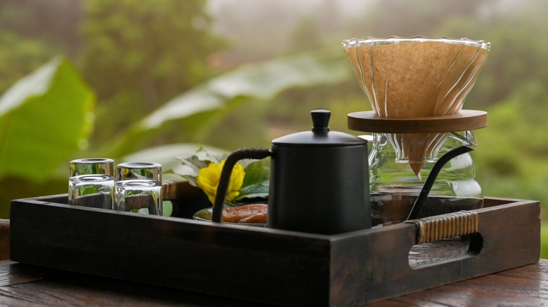 Tray of pour-over coffee setup