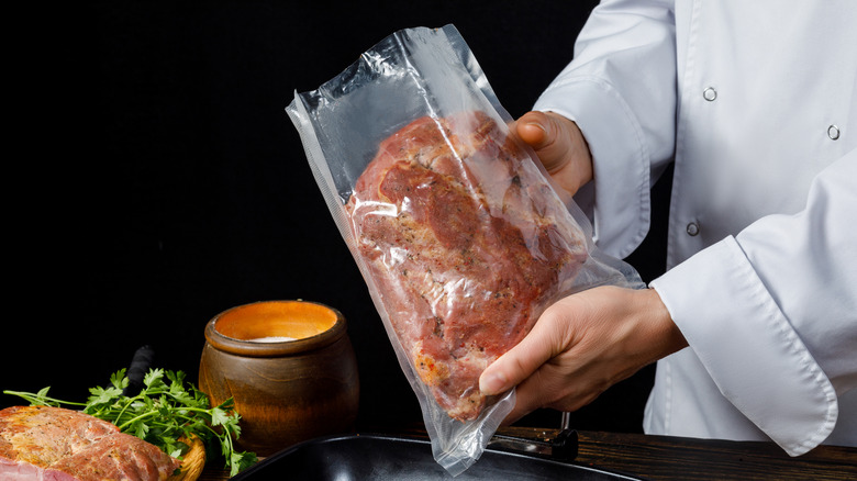 A sous vide bag with steak