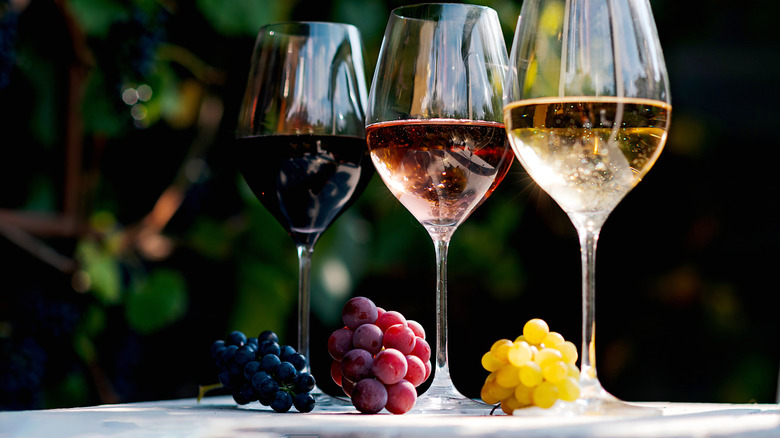 glasses of white, rose, and red wine