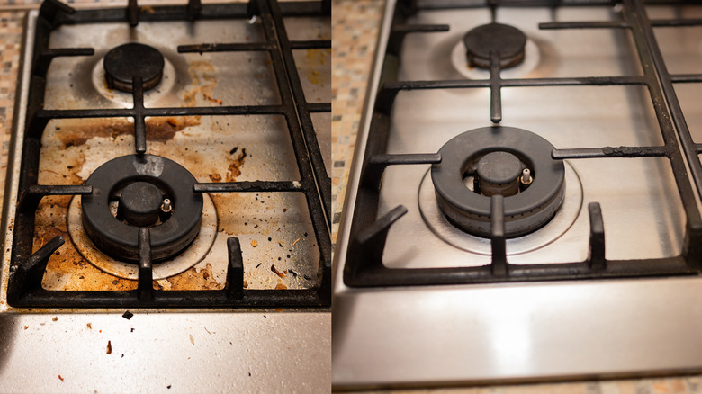 Before-and-after picture of a cleaned stove