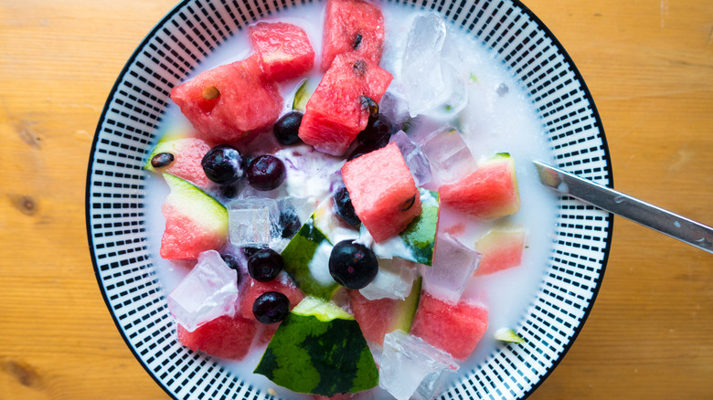 watermelon hwachae in bowl top down view