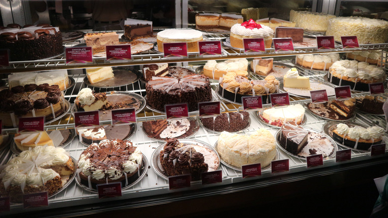 Cheesecake slices on display at Cheesecake Factory