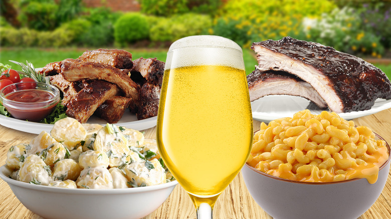 Beer with barbecue and sides