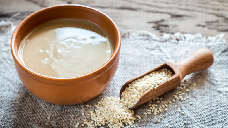 bowl of tahini and sesame seeds 