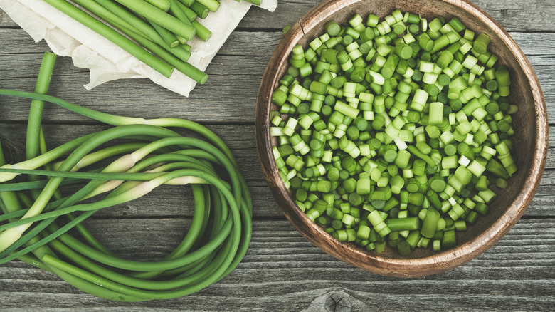 garlic scapes on table