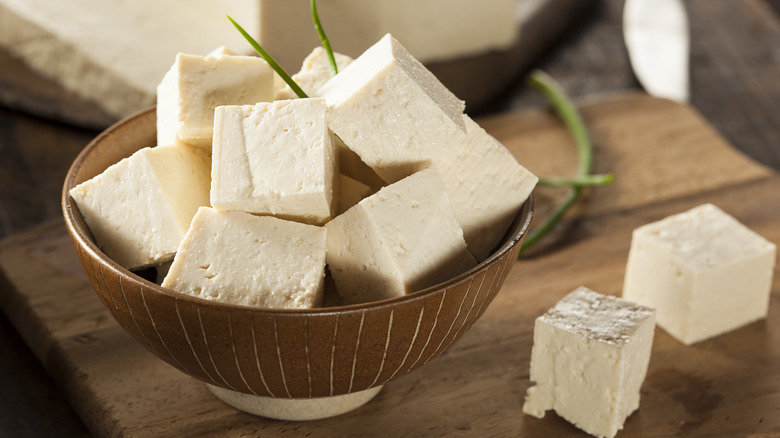 raw cubed tofu in a bowl