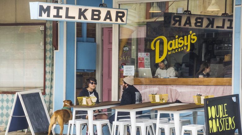 Close-up of milk bar seating