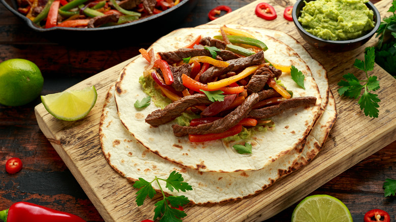 Steak fajitas on a tortilla