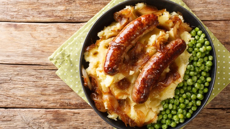 Bangers and mash with peas