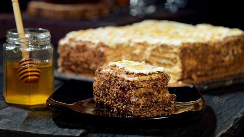 honey cake served on table