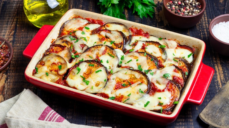 eggplant parmesan in baking dish