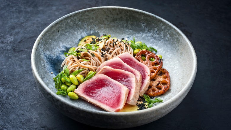 plated bowl of seared tuna 