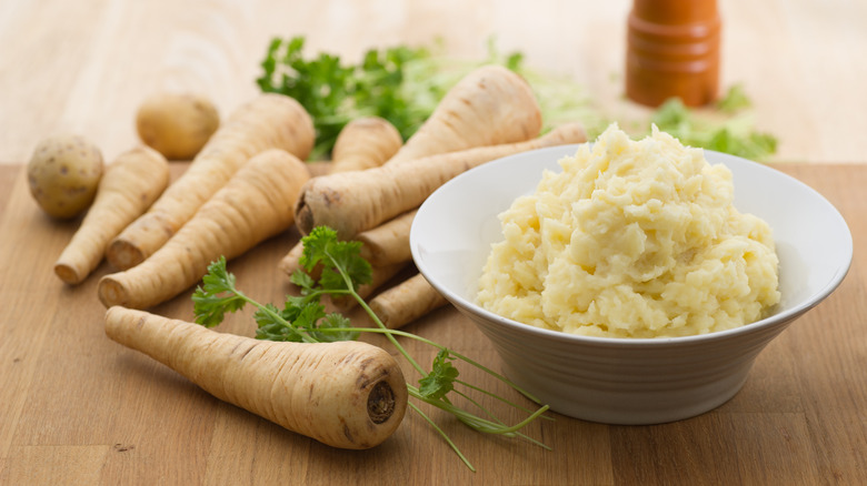 parsnips next to mashed parsnips