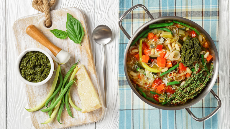 pot of vegetable soup and fresh pesto