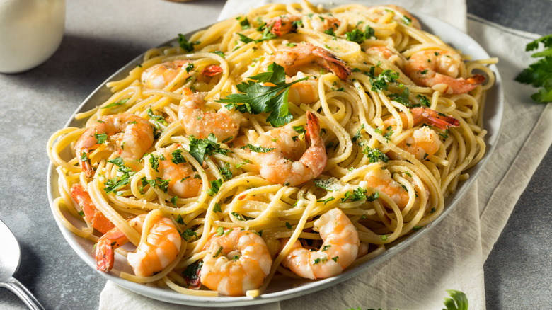 Shrimp linguine in serving dish