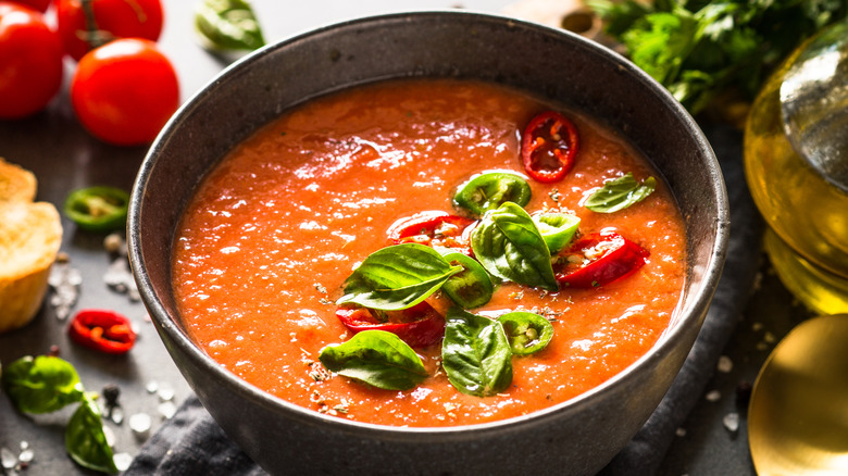 Bowl of gazpacho on a table