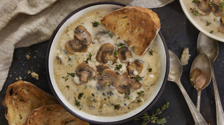 wild mushroom soup in bowl