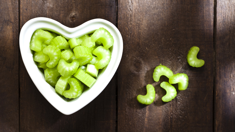 Chopped up celery in a heart bowl