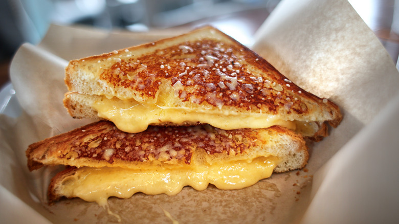 Halves of a grilled cheese sandwich