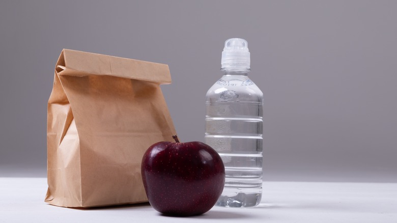 paper bag lunch apple and water
