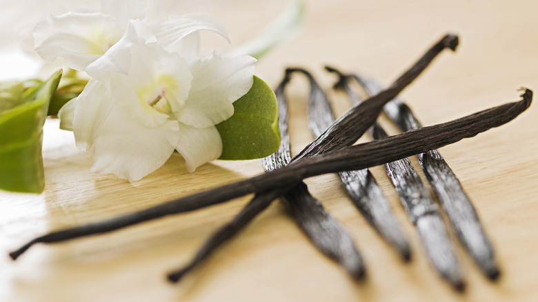 Vanilla beans on table