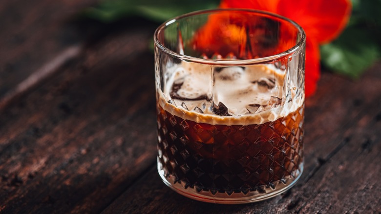 A coffee cocktail in a glass with ice