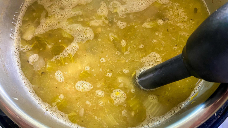 immersion blender in celery soup