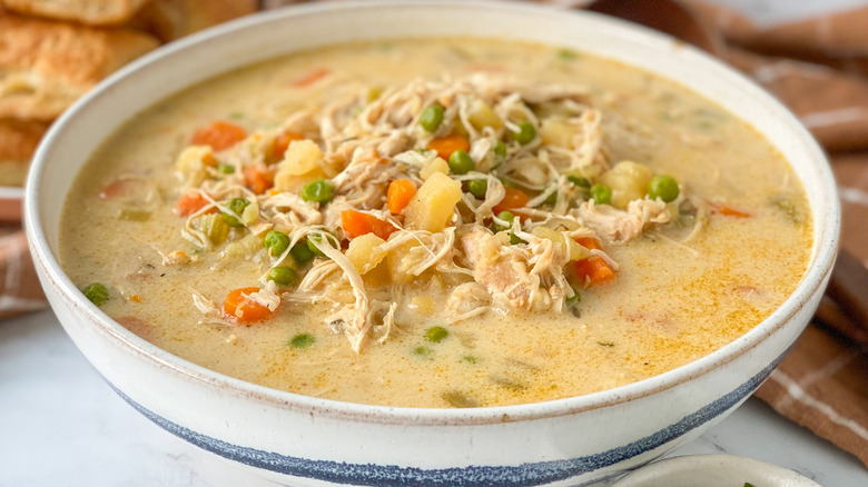 chicken pot pie soup in bowl