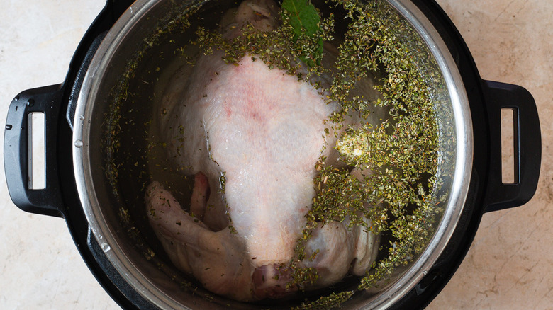 Chicken submerged in broth in Instant Pot