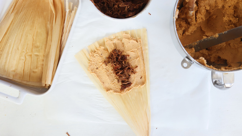 beef filling over tamale masa